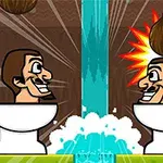 二人の男性がトイレに座り、頭にヤシの実が落ちている漫画風イラスト。