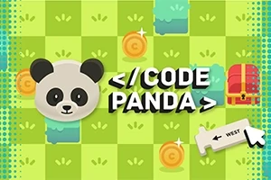 パンダのイラスト、コイン、赤い宝箱、方向指示が描かれた緑色の背景に「CODE PANDA」という文字。