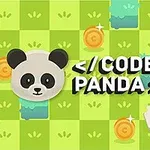 パンダのイラスト、コイン、赤い宝箱、方向指示が描かれた緑色の背景に「CODE PANDA」という文字。
