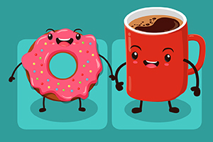 笑顔のドーナツとコーヒーカップが手をつないでいるイラスト。