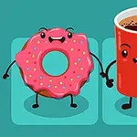 笑顔のドーナツとコーヒーカップが手をつないでいるイラスト。