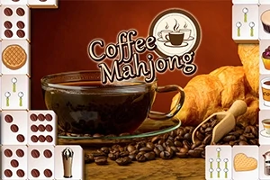 コーヒーカップ、クロワッサン、コーヒー豆が配置されている背景に「Coffee Mahjong」のロゴ。