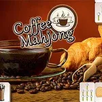 コーヒーカップ、クロワッサン、コーヒー豆が配置されている背景に「Coffee Mahjong」のロゴ。