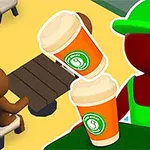 赤いキャラクターが緑の帽子とエプロンを着てコーヒーカップを持ち、テーブルに座った人物がいるカフェのシーン。