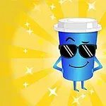 サングラスをかけた青いカップが、黄色い光と星の背景に立っているイラストです。