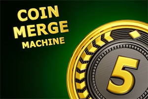 緑の背景に「COIN MERGE MACHINE」の文字と数字の5が刻まれた金色のコイン。