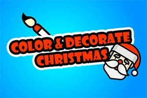 青い背景に、「COLOR & DECORATE CHRISTMAS」と書かれた文字と、絵筆とサンタクロースの顔のイラスト。