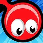 青い背景に大きな目を持つ赤いキャラクターのイラスト。