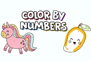 ピンク色のユニコーンと笑顔のフルーツのイラストと「COLOR BY NUMBERS」の文字。