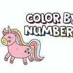 ピンク色のユニコーンと笑顔のフルーツのイラストと「COLOR BY NUMBERS」の文字。