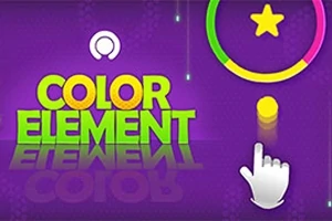 紫色の背景に「COLOR ELEMENT」の文字、黄色の星が入ったカラフルな円、手のアイコンとボタンが描かれている画像。
