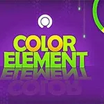 紫色の背景に「COLOR ELEMENT」の文字、黄色の星が入ったカラフルな円、手のアイコンとボタンが描かれている画像。