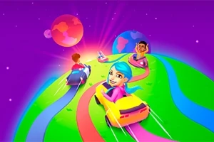 カラフルな車に乗った人物たちが、紫の背景にある惑星の上を走っているイラスト。