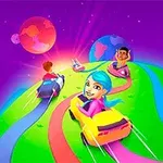 カラフルな車に乗った人物たちが、紫の背景にある惑星の上を走っているイラスト。