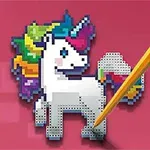 ピクセルアートスタイルのカラフルなユニコーンと、それに触れる鉛筆が描かれた画像。