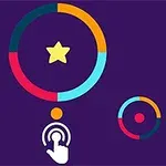 紫色の背景に、星のアイコンが中央にあり、カラフルな円とその下にタップを示す手のアイコン。
