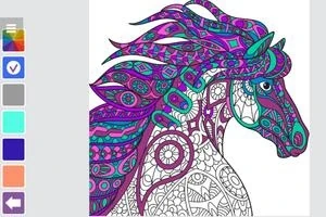カラフルな模様とパターンで描かれた馬のイラスト。