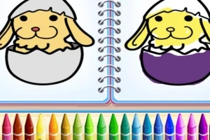 ノートに描かれた、卵の殻から顔を出す犬のイラストと、下には色とりどりのクレヨンが並んでいます。