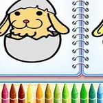 ノートに描かれた、卵の殻から顔を出す犬のイラストと、下には色とりどりのクレヨンが並んでいます。