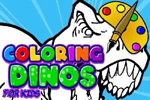 白黒の恐竜のイラストにパレットと筆が描かれ、カラフルなテキストが重なっている図。