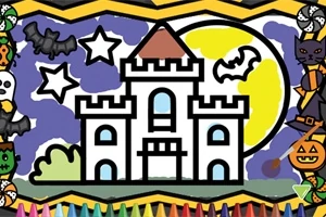 白い城、満月、コウモリと星が描かれたハロウィン風デザインのイラスト。