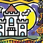 白い城、満月、コウモリと星が描かれたハロウィン風デザインのイラスト。