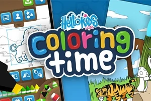カラフルな文字で「coloring time」と書かれたロゴと、周囲に動物の着色ページが描かれているイラスト。