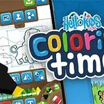 カラフルな文字で「coloring time」と書かれたロゴと、周囲に動物の着色ページが描かれているイラスト。