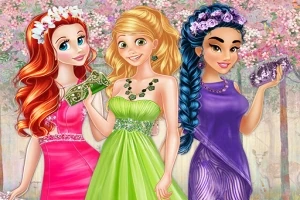 3人の女性キャラクターが華やかなドレスを着てバッグを持ち、自然の背景の中に立っているイラスト。