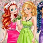 3人の女性キャラクターが華やかなドレスを着てバッグを持ち、自然の背景の中に立っているイラスト。
