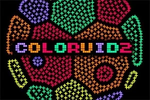 カラフルなプラス記号で埋め尽くされた多角形の中に「COLORUID 2」と書かれたデジタルアートデザイン。