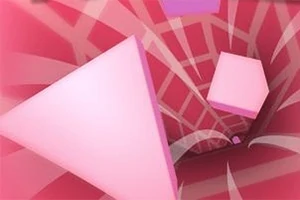 ピンク色のトンネルの中を幾何学的な形が浮遊している抽象的なデザイン。