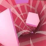 ピンク色のトンネルの中を幾何学的な形が浮遊している抽象的なデザイン。