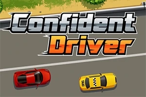 道路上を走る赤い車と黄色い車の上に大きく「Confident Driver」と書かれたテキスト。
