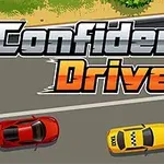 道路上を走る赤い車と黄色い車の上に大きく「Confident Driver」と書かれたテキスト。