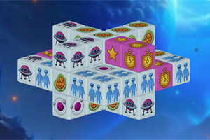 宇宙を背景に、宇宙人やUFO、時計などのイラストが描かれた立体的なパズルのブロック。