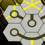 黄色のラインが描かれた六角形パネルのパズル配置。