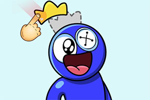 青いキャラクターが笑顔を浮かべており、指が黄色の王冠を差し示している。