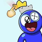 青いキャラクターが笑顔を浮かべており、指が黄色の王冠を差し示している。