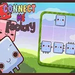 カラフルなキャラクターが描かれた風景の中に、顔のついた小さな青いブロックが並んでいるイラスト。