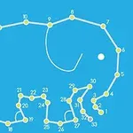 青い背景に、点と線で描かれたゾウのイラスト。