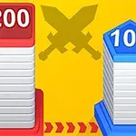赤と青の階段状のタワーがそれぞれ「200」「100」と表示されており、背景に交差した剣のアイコンが描かれている。