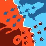 赤い獅子のシルエットと青いクラーケンのシルエットが向かい合い、赤い足跡と青い魚のシンボルが散らばっているデザインのイラスト。