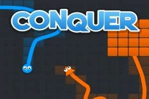 青い線とオレンジの線が黒い背景の上で交差し、太字で「CONQUER」と書かれている。