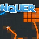 青い線とオレンジの線が黒い背景の上で交差し、太字で「CONQUER」と書かれている。