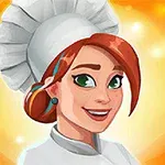 赤毛の女性シェフがオレンジ色の背景の前で笑顔を見せているイラスト。