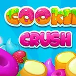 色とりどりのドーナツやお菓子が背景に広がり、カラフルな「COOKIE CRUSH」の文字が中央に配置されている。