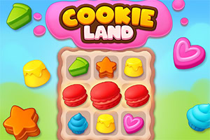 色とりどりのクッキーが並んだゲームボードと「COOKIE LAND」というタイトルのカラフルなタイトル画面。