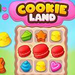 色とりどりのクッキーが並んだゲームボードと「COOKIE LAND」というタイトルのカラフルなタイトル画面。
