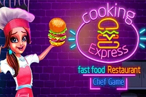 女性シェフがハンバーガーを持っており、背景にはネオンサインで装飾された「Cooking Express」という文字がある。